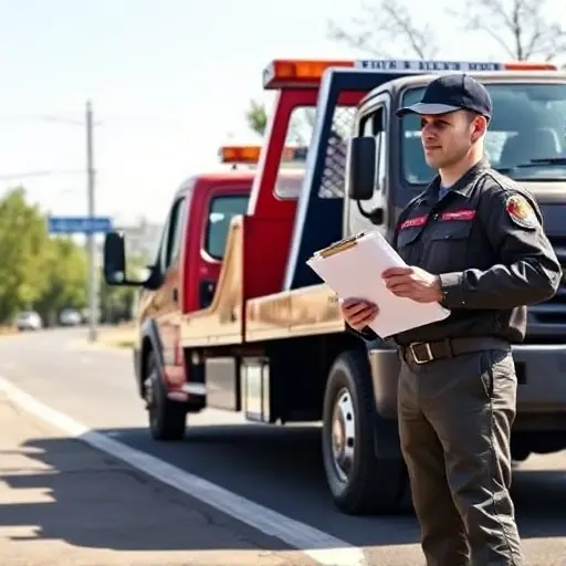 A realistic scene of a tow truck parked on a Khimki city street, towing a car. The background shows a sunny day with a small city sign indicating 'Khimki'. A worker in a uniform holds a clipboard and a calculator, implying cost‑saving tips for towing services. The composition is clear and uncluttered, with no text or lettering visible.