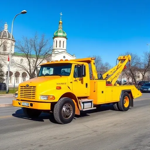 A bright yellow tow truck parked on a quiet street in Bogoroditsk, with the iconic church in the background, under a clear blue sky, no people, no other cars
