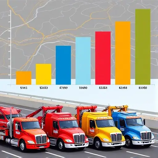 A dynamic scene showing several tow trucks of different colors parked along a highway, each truck with a distinct logo. In the background, a stylized map of a road network is visible. Above the trucks, a clear, color-coded bar chart with varying bar heights represents price comparisons, but no text or numbers are shown. The overall composition conveys the idea of intercity towing services and price comparison without any textual elements.