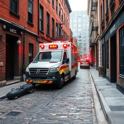 A tow truck parked on a narrow cobblestone alley called Ambulatory Alley, with a damaged car partially overturned, emergency lights flashing, and a city street backdrop, all in a realistic style.