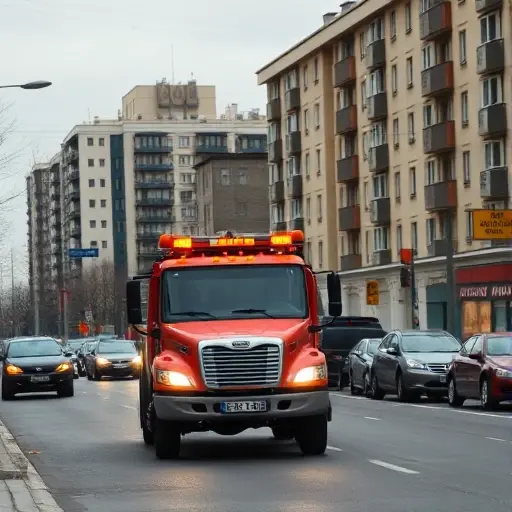 A realistic scene of a tow truck (evacuator) driving through a typical Moscow street in the lower part of the city, with recognizable Russian architecture such as Soviet-era apartment blocks, street signs in Cyrillic, and a hint of the Moscow River in the background. The tow truck should be the focal point, with its lights on, and the atmosphere should convey a busy urban environment under a slightly overcast sky.