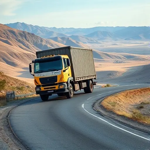 A realistic scene showing a tow truck (evacuator) struggling to load a large vehicle onto its platform on a winding road that hints at a long journey between Simferopol and Moscow. The truck is positioned on a slight incline, emphasizing the difficulty of loading and unloading. The background features a mix of mountainous terrain and open plains, with subtle hints of both southern and northern landscapes, but no text, signs, or logos. The focus is on the mechanical challenge and the rugged environment.