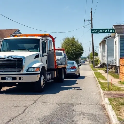 A tow truck in the process of pulling a stalled car from a quiet, narrow street named 'Anonymous Lane'. The scene shows the tow truck's front and side, the car being towed, and the street lined with modest houses and a subtle street sign indicating 'Anonymous Lane'. The setting is daytime with clear skies, capturing a realistic, detailed depiction of the towing operation without any textual elements in the image.