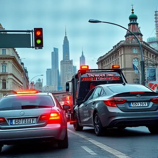 A realistic depiction of a tow truck parked beside a damaged vehicle on a busy Moscow street, with a clear view of the city skyline and traffic lights, showing the scene of an accident. The image should capture the tension of the moment, with emergency lights flashing, and a clear view of the damaged car's side. The background should include typical Moscow architecture and a hint of Balashikha's suburban environment. No text, logos, or numbers should be visible.