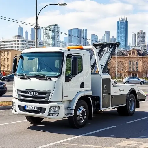 A modern towing truck parked on a street in Khabarovsk, with the city’s skyline in the background. The truck should be in a dynamic pose, with a subtle price tag icon hanging from the side, but no numbers or text visible. The scene should capture the urban atmosphere of Khabarovsk, with bright daylight and a clear sky.