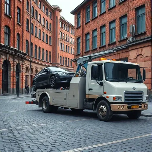 A realistic depiction of a tow truck parked on Bolshaya Lipovaya Alley, with a car being towed by the truck. The scene shows the alley’s cobblestone street, a few old brick buildings lining the background, and subtle street lighting. The tow truck is in a neutral color, with its winch and hook visible, and the towed car is partially lifted, showing the connection between the two vehicles. No people or animals are present, and the focus is on the vehicles and the alley’s architecture.