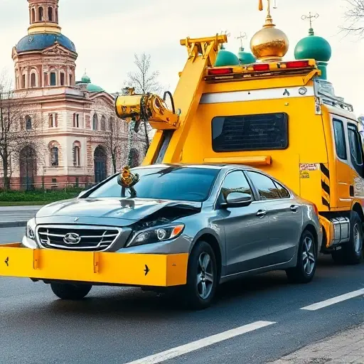 услуги эвакуатора екатеринбург A modern yellow towing truck with a hydraulic winch, positioned on a street in Yekaterinburg with the iconic Church on the Blood in the background. A damaged sedan is being towed by the winch. The scene shows a clear daytime cityscape with subtle reflections on the truck's chrome. No text or signage is visible.