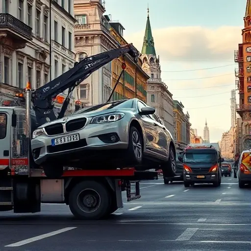 эвакуатор легковых автомобилей москва A realistic scene of a tow truck lifting a passenger car in a busy Moscow street, with recognizable Russian architecture and city atmosphere, clear sky, and the tow truck's hook engaged with the car's wheels, no text or signage visible