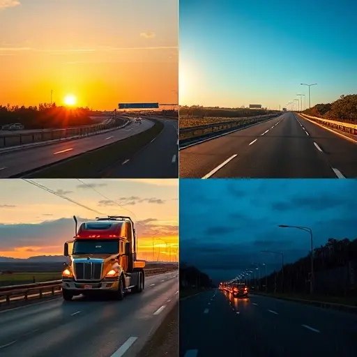 A tow truck driving on a highway between Sergiev Posad and Moscow, depicted in a split composition that shows four scenes: sunrise morning with soft golden light, bright midday with clear blue sky, evening twilight with orange hues, and night with rain and streetlights, illustrating different times of day and weather conditions, realistic and detailed, no text or signage
