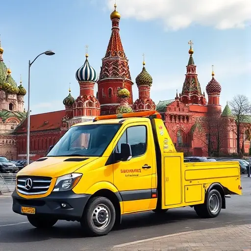 эвакуатор москва дешево рядом A bright, modern tow truck parked on a Moscow street with the Kremlin or St. Basil's Cathedral in the background, conveying affordability and proximity, no text or signage