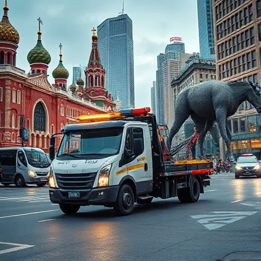 вызвать эвакуатор москва заказать A realistic scene of a modern tow truck parked on a busy Moscow street, with recognizable Russian architecture such as historic buildings and contemporary high-rises in the background. The tow truck is illuminated by streetlights, and a driver in a uniform is standing beside the vehicle, holding a smartphone as if arranging a service. The atmosphere is urban and dynamic, showing the city’s energy without any visible text, logos, or signage.