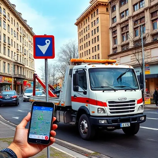 A tow truck parked on Bolshaya Cheremushkinskaya Street in a bustling city environment. The scene shows the street with typical urban buildings, a traffic sign indicating a tow truck service (without any text), and a person holding a smartphone looking at a map icon, all in a realistic, high-resolution style.