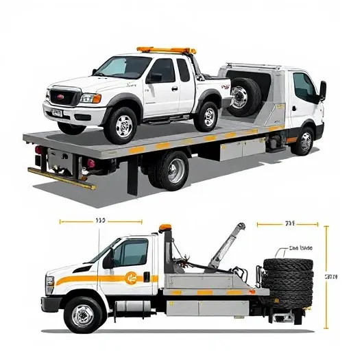 A realistic illustration of a Gazelle Next tow truck in action, showing its platform and towing a vehicle. The image should highlight the platform's dimensions and the truck's payload capacity with visual cues such as a scale or measurement markings on the platform. The scene should be clear, with the tow truck in a neutral background, no text or labels.