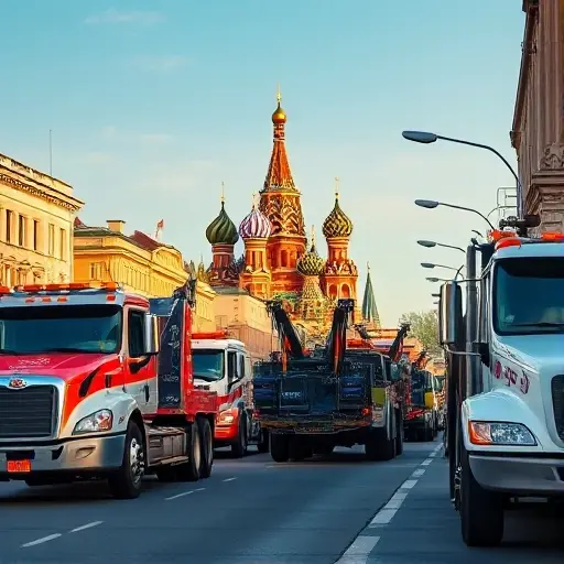 A bustling Moscow street scene featuring several modern tow trucks actively working, with the recognizable silhouette of the Kremlin towers in the background, under a clear sky. The tow trucks are detailed with realistic lighting and reflections, showing their robust build and equipment, while the urban environment includes typical Russian architecture and street elements, all rendered in a crisp, high-quality smallHQ style.
