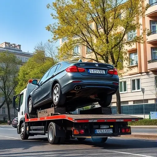 A tow truck (evacuator) in a South Moscow street scene, with a car partially loaded onto the truck's platform, showing the vehicle's rear wheels on the ground and front wheels lifted, surrounded by typical Moscow residential buildings and trees, under a clear daytime sky