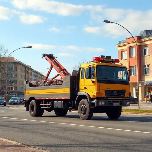 эвакуатор костанай A realistic depiction of a tow truck (evacuator) parked on a street in Kostanay, Kazakhstan, with the city's characteristic low-rise Soviet-era buildings and a clear sky in the background. The scene should focus on the vehicle, showing its distinctive crane and lights, while capturing the urban atmosphere of Kostanay without any text or signage.