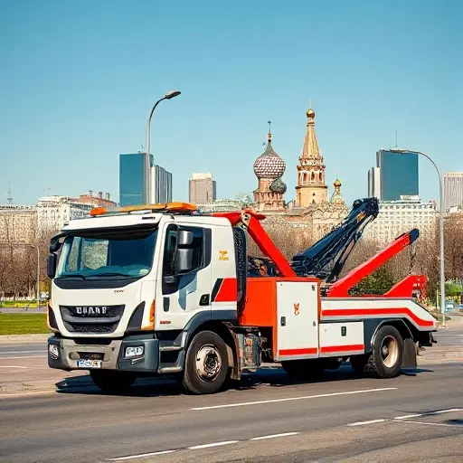 A modern tow truck parked on a street in the Lyublino district of Moscow, with the iconic Moscow skyline in the background, bright daytime lighting, no text or logos