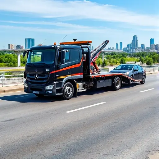 A modern tow truck parked on Golovinskoye Highway in Moscow, towing a damaged car, with the Moscow city skyline in the background and a clear blue sky, no text or signage visible
