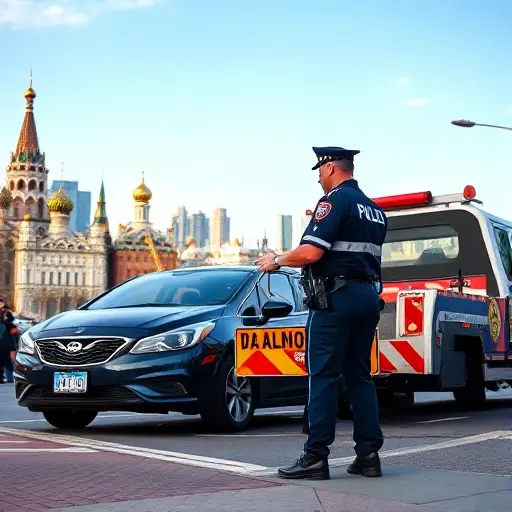 A realistic scene set in Moscow showing a police officer in uniform directing a tow truck to remove an illegally parked car on a sidewalk, with the city skyline in the background. The focus is on the tow truck hooking the car, emphasizing traffic violation enforcement, without any visible text, signs, or numbers.