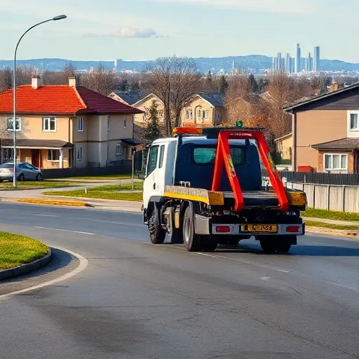 эвакуатор москве области дешево A clean, realistic scene of a modern tow truck with a hook and lights parked on a quiet road near a typical Moscow suburb, with a backdrop of modest residential houses and a hint of city skyline in the distance, under a clear sky, conveying affordable and reliable service without any text or signage