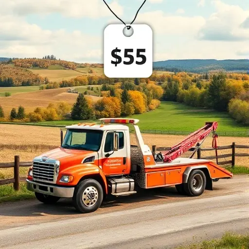 эвакуатор область цена A tow truck parked in a scenic countryside setting, with a floating price tag icon above it, no text or letters, realistic style
