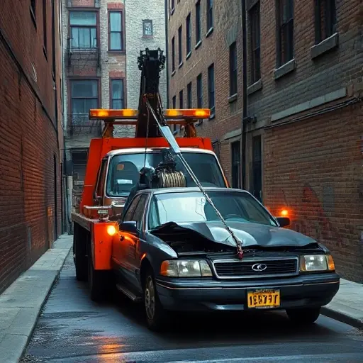 A tow truck parked in a narrow alley, with a broken car in front of it, showing the tow truck's winch and cables, with a backdrop of old brick buildings and dim street lighting.
