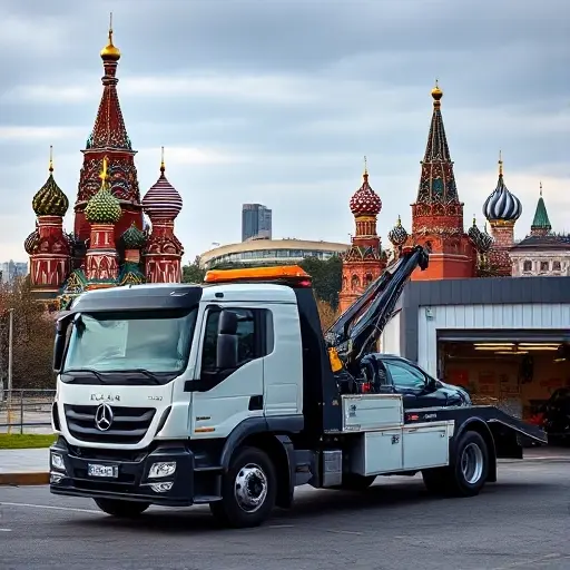 A modern tow truck parked in front of a recognizable Moscow cityscape, with the iconic skyline (including St. Basil's Cathedral and the Kremlin) in the background. The tow truck should be in a dynamic pose, with a car being towed by a cable, and a nearby auto service garage visible. The scene should convey a sense of urgency and professionalism, with clear lighting and a slightly cinematic color palette.