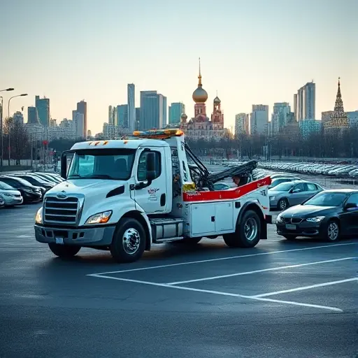 эвакуатор парковки москвы A bright, modern tow truck parked in a bustling Moscow parking lot, with the iconic Moscow skyline in the background, cars lined up neatly, and a clean, well-lit composition