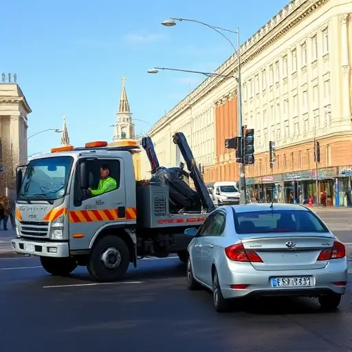 добровоз эвакуатор москва A realistic scene of a volunteer tow truck assisting a stranded car on a busy Moscow street, with recognizable Russian architecture, traffic lights, and pedestrians in the background. The tow truck is painted in neutral colors, the driver is wearing a reflective safety vest. The atmosphere is daytime with clear sky, showing the city’s characteristic buildings and a sense of community help.