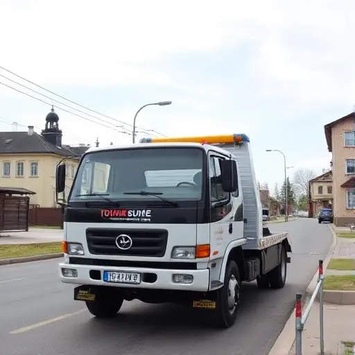 A realistic tow truck parked on a street in Yoshkar-Ola, with a visible license plate and a small, clear badge indicating a valid towing license. The background shows a modest cityscape with typical Russian architecture and a clear sky. The scene conveys professionalism and experience, with the tow truck in a ready-to-serve pose, no text or lettering visible in the image.