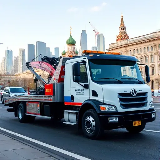 A professional tow truck parked on a city street with the recognizable Moscow skyline in the background, showing the truck's robust equipment and a clean, trustworthy appearance, under a clear sky, focusing on the vehicle and urban setting without any text or signage