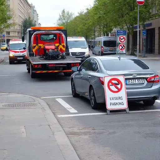 A tow truck on Bolshaya Kalitnikovskaya Street pulling a car from a spot marked with illegal parking signs, with city service vehicles in the background, urban street setting, no text or lettering