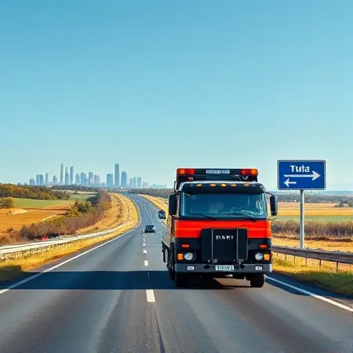 A modern tow truck driving on a highway through Russian countryside, with distant silhouettes of Moscow skyscrapers on the horizon and a signpost indicating direction toward Tula, under a clear sky, realistic lighting, no text or symbols