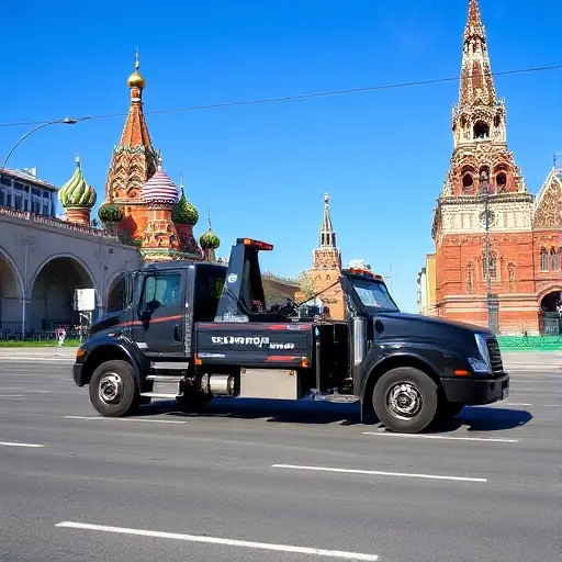 A realistic scene of a tow truck (evacuator) operating on a street in the South-West Administrative Okrug of Moscow, with typical Moscow apartment buildings, tree-lined sidewalks, and a clear sky; the vehicle is prominently featured, showing its crane and lights, while the surrounding urban environment reflects the residential character of the district