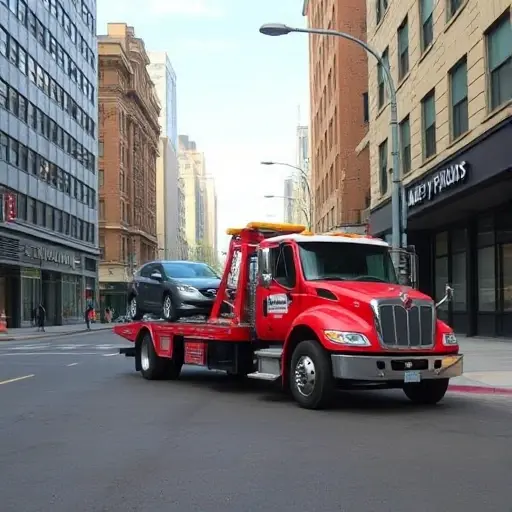 A realistic scene of a tow truck on a city street called Alley of Pilots, partially loading a small car onto its platform, with urban buildings and a clear daytime sky, no visible text or signage