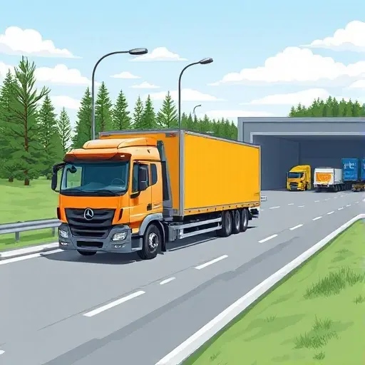A realistic illustration of a tow truck (evakuator) on a highway between Moscow and Cheboksary, showing the loading and unloading of a vehicle, with a storage area in the background, all depicted in a clean, detailed style, no text or lettering