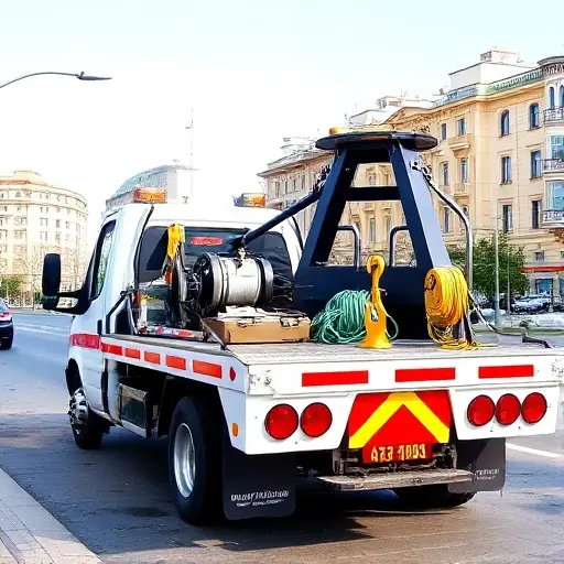 A reliable, affordable tow truck operating in Eastern Moscow, parked near a city street with recognizable Moscow architecture in the background. The truck is equipped with essential towing equipment: a sturdy winch, a heavy-duty hook, a hydraulic lift, and a set of straps and chains neatly organized on the side. The scene is daytime with clear skies, showing the truck's clean, functional design without any branding or text.