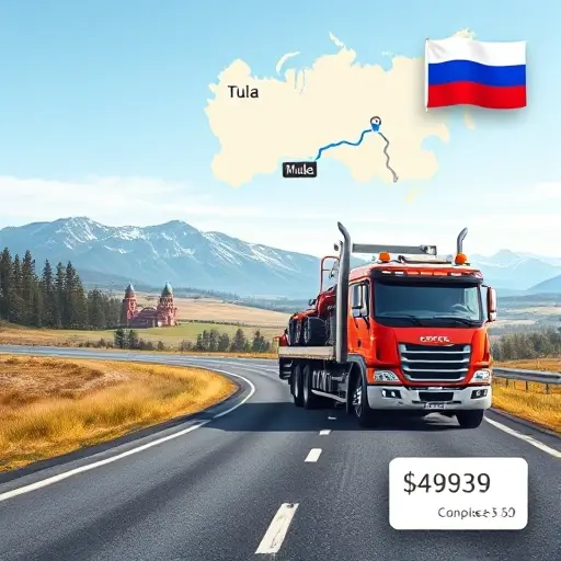 Эвакуатор Тула – Москва: Полный Гид по Стоимости и Выбору A realistic illustration of a modern tow truck parked on a scenic road between Tula and Moscow, with a subtle map overlay showing the route and a price tag icon indicating cost comparison, all set against a clear sky background in a clean, high-resolution style