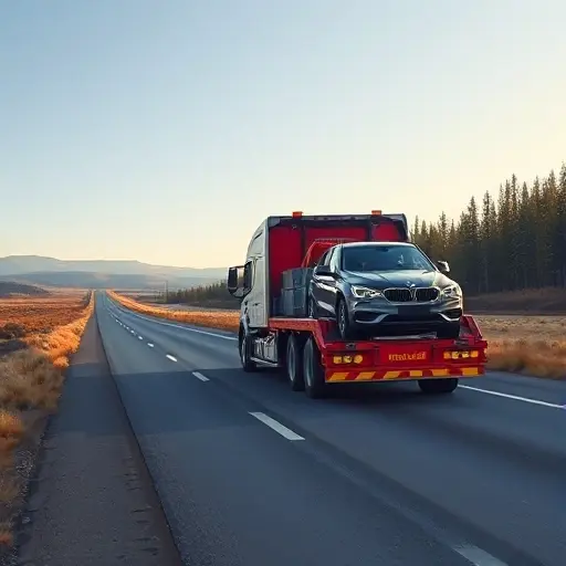 A detailed illustration of a heavy-duty tow truck fully loaded with a car, traveling on a long highway that stretches from Simferopol toward Moscow. The background transitions from the southern Russian steppe near Crimea to the northern Russian forest near Moscow, under a clear sky. Emphasize the tow truck and the loaded vehicle, with the road and landscape in realistic detail, no text or signage.