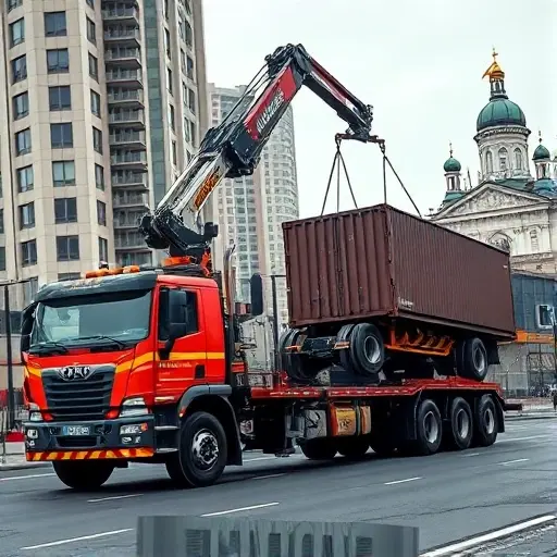 A realistic scene of a massive truck-mounted crane tow vehicle operating on a busy Moscow street, with the crane arm extended to lift a large cargo truck in a complex recovery situation. The background shows recognizable Moscow architecture such as high-rise buildings and a hint of the Kremlin dome in the distance, but no visible signage or text. The focus is on the powerful machinery, the detailed hydraulic crane, the tow truck's robust chassis, and the dynamic action of lifting the stranded vehicle.