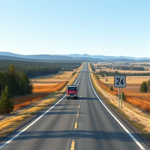 A realistic illustration of a long highway stretching between two major Russian cities, with a tow truck driving along the road surrounded by mixed forest and fields, a subtle distance marker shown as a simple road sign without any text, under a clear sky