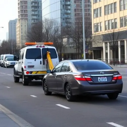 A tow truck pulling a stranded car on a city street, with an urban background, realistic lighting, daytime, no people, no text or signage, no other vehicles.