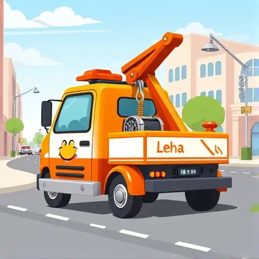 эвакуатор леха A friendly, compact tow truck with the name Leha subtly painted on its side, parked on a quiet city street. The truck has a bright orange and white color scheme, a sturdy hook and winch at the back, and a smiling cartoonish face on the front grille. The background shows a clean urban setting with simple buildings and a clear sky, rendered in a smallHQ style with crisp lines and vibrant colors.