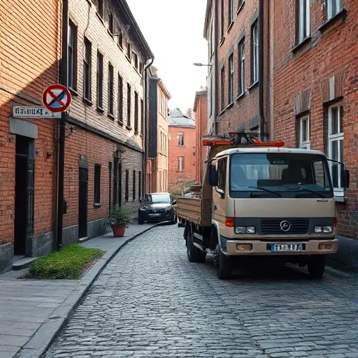 Эвакуатор в 1-м Стрелецком переулке: Полное руководство A realistic depiction of a tow truck parked on a narrow, cobblestone street in a small Russian town. The street is lined with old brick buildings, a faded street sign, and a small garden. The tow truck is in a neutral color, with a visible tow hook and a small car partially hooked to it. The scene is set during daylight with soft shadows, capturing the quiet, everyday atmosphere of a quiet lane.