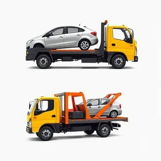 A small tow truck (бычок) shown from a side view, with two scenes: one where a car is partially loaded onto the truck's back, and another where a car is fully loaded onto the truck's back. The truck should be in a neutral background, with no text, letters, or digits visible.