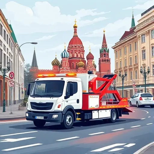 A realistic illustration of a tow truck driving through Moscow streets, with recognizable landmarks such as the Kremlin silhouette and typical city buildings, showing the concept of vehicle evacuation services without any text or logos