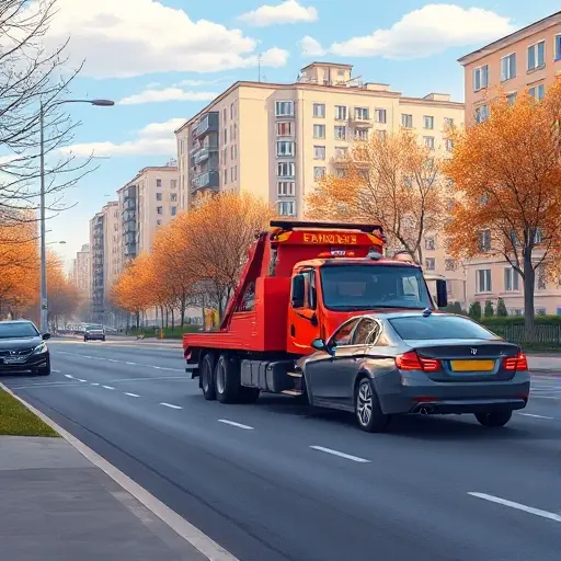 Эвакуатор в Богородском, Москва: Полное руководство A realistic smallHQ illustration of a tow truck helping a broken car on a quiet street in the Bogorodsk district of Moscow, with typical Moscow apartment buildings, trees, and a clear sky in the background