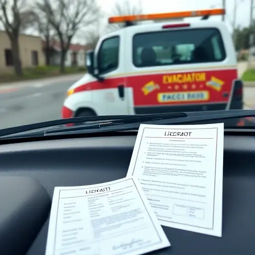 A tow truck (evacuator) parked on a street, with its license and official documents displayed on the dashboard or side, showing the paperwork without any visible text, focusing on the vehicle and its legal paperwork.