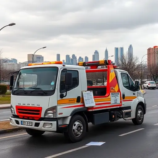 A realistic scene of a tow truck parked on a street in Moscow's North-West Administrative Okrug, with the city skyline in the background, showing the truck's open boom ready to lift a vehicle, surrounded by subtle hints of official paperwork like a clipboard and stamped forms placed on the truck's side, conveying an affordable and licensed service without any visible text or branding