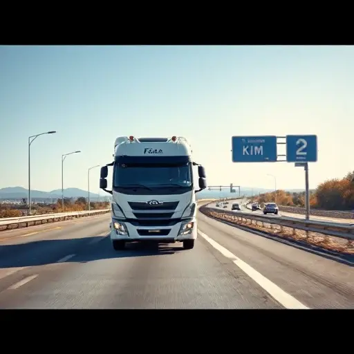 A modern tow truck (evacuator) driving along a highway with a visible kilometer marker, emphasizing the relevance of quick roadside assistance. The scene is realistic, bright daylight, the tow truck is prominent in the foreground, the road stretches into the horizon, and the image contains no text or logos.